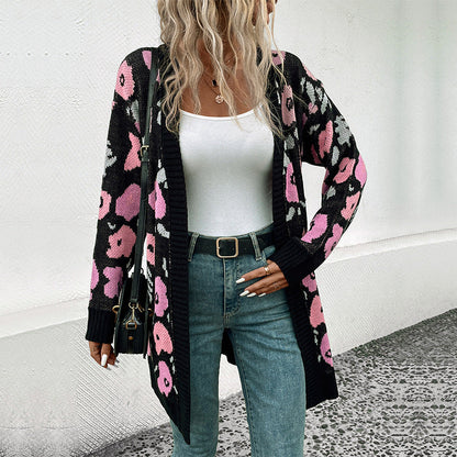 Damen Strickjacke Florales Muster Offener Schnitt