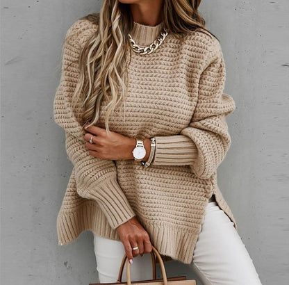 Damen Grobstrickpullover Hochgeschlossener Kragen Seitliche Schlitzen