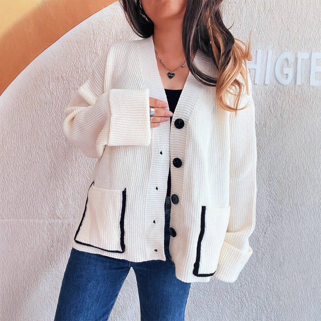 Damen Strickcardigan Weich V-Ausschnitt Große Taschen Beige