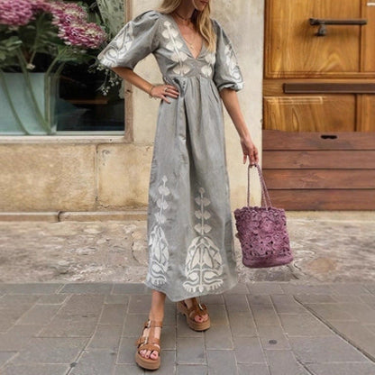 Damen Midikleid Florales Stickdesign Luftige Puffärmel