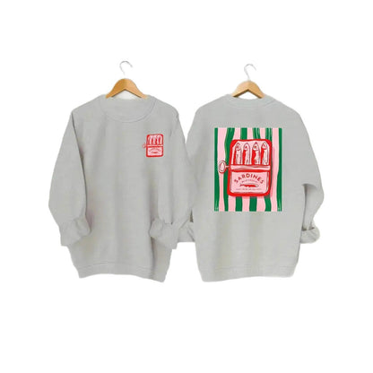 Damen Sweatshirt Sardinen-Grafik Lässig Grau Eveloria