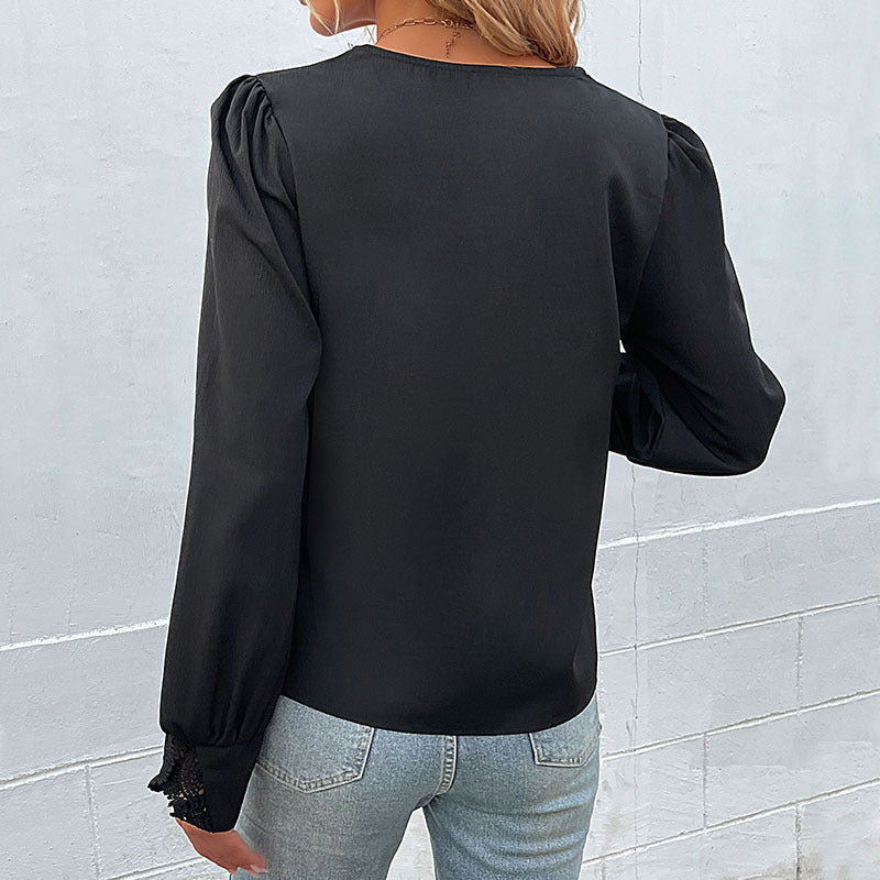 Damen Bluse Spitze V-Ausschnitt Elegant Weiß