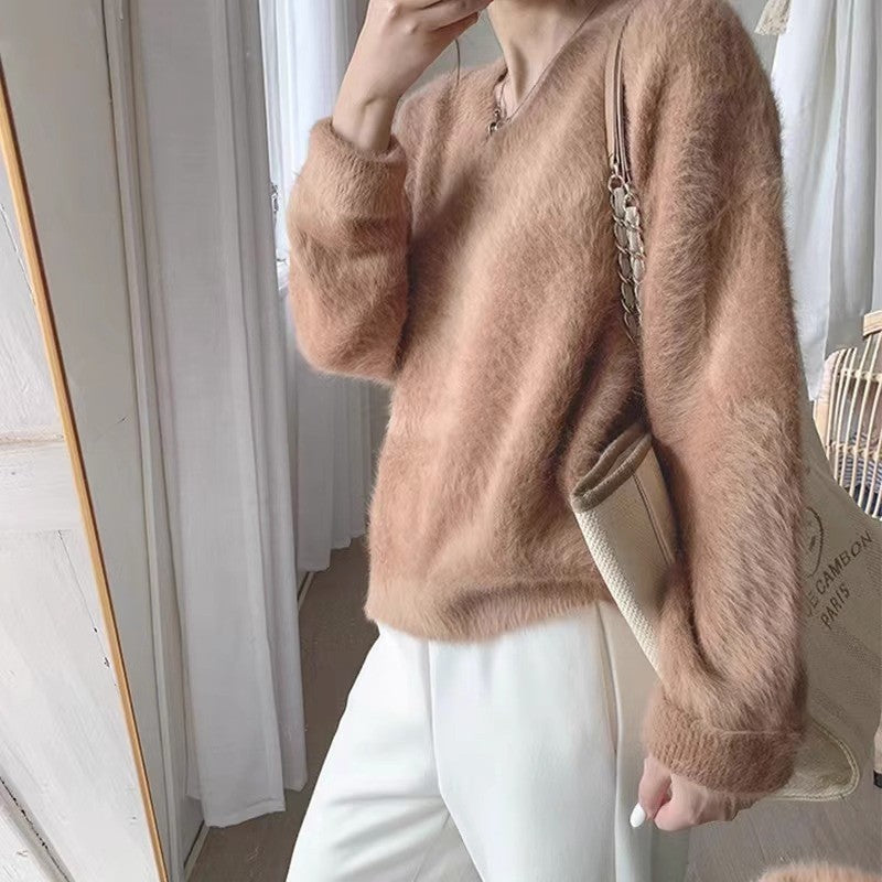 Damen Pullover V-Ausschnitt Weiches Material Flauschig Beige - Eveloria