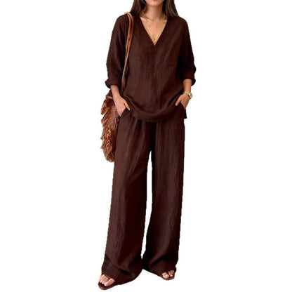 Damen Leinenoberteil und Palazzo-Hosen Set Leinen Beige