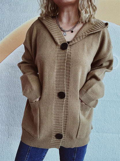 Damen Strickjacke Kapuze Aufgesetzte Taschen Kuschelig Grau Eveloria