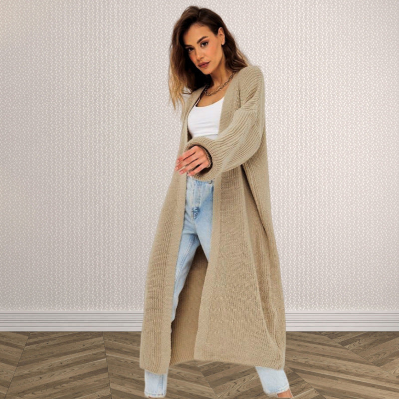 Damen Grobstrick Cardigan Offenes Frontdesign Tiefen Taschen Beige