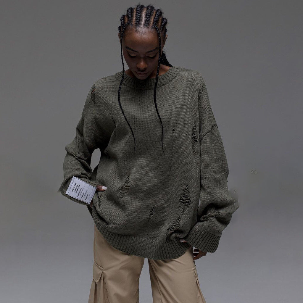 Damen Oversized Pullover Grobgestrickt Distressed Details Beige