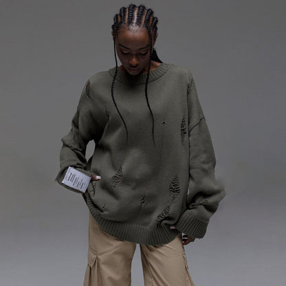 Damen Oversized Pullover Grobgestrickt Distressed Details Beige