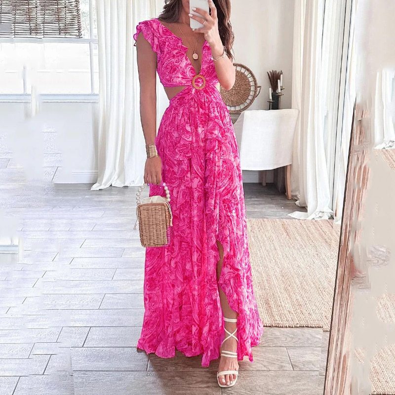 Damen Maxikleid mit Cut-Out-Design und Rüschenausschnitt