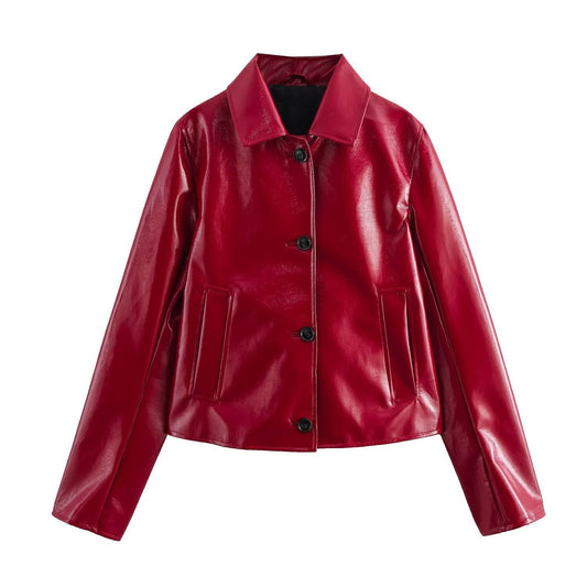 Damen Kunstlederjacke Glänzend Taschen Schwarz Eveloria - Eveloria