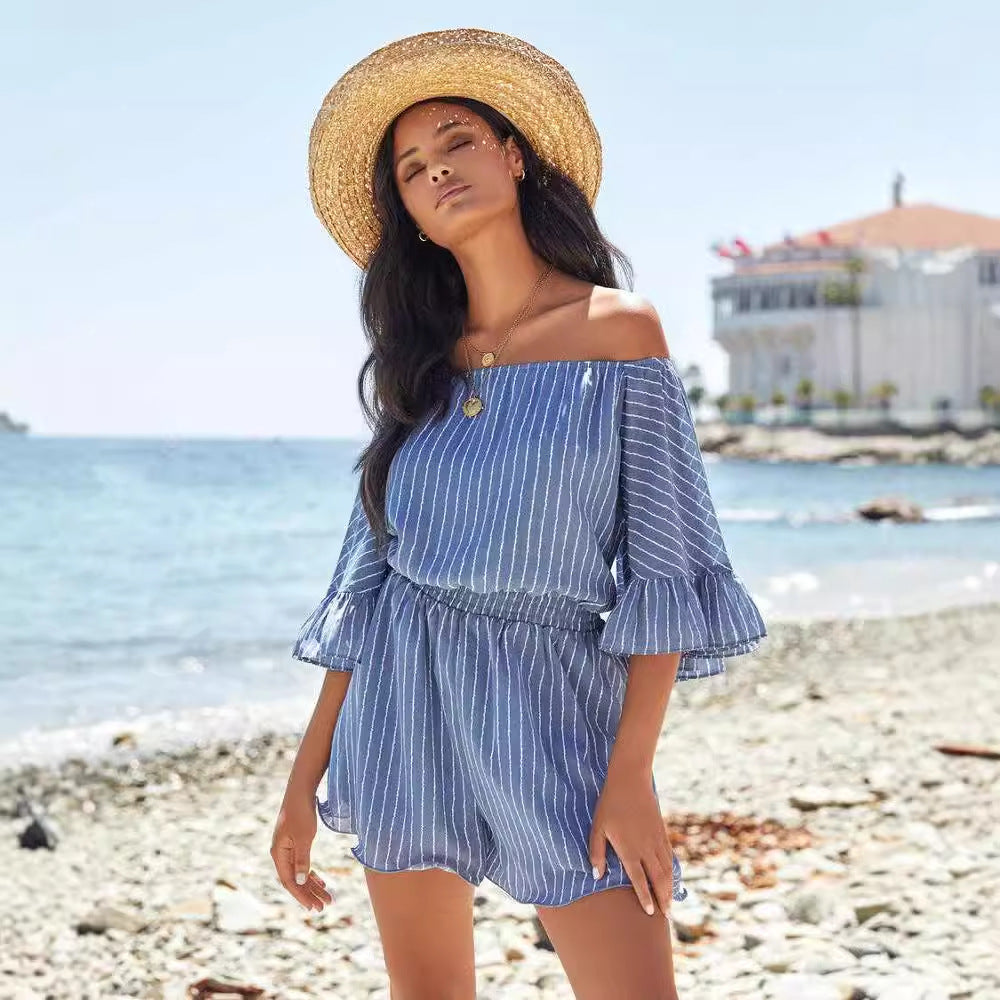 Damen Sommerkleid Off-Shoulder Rüschenärmel Elastisch Rosa - Eveloria
