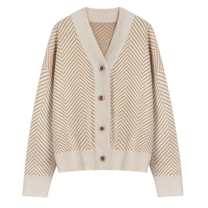 Damen Strickjacke Chevron Muster Knopfverschluss Eveloria