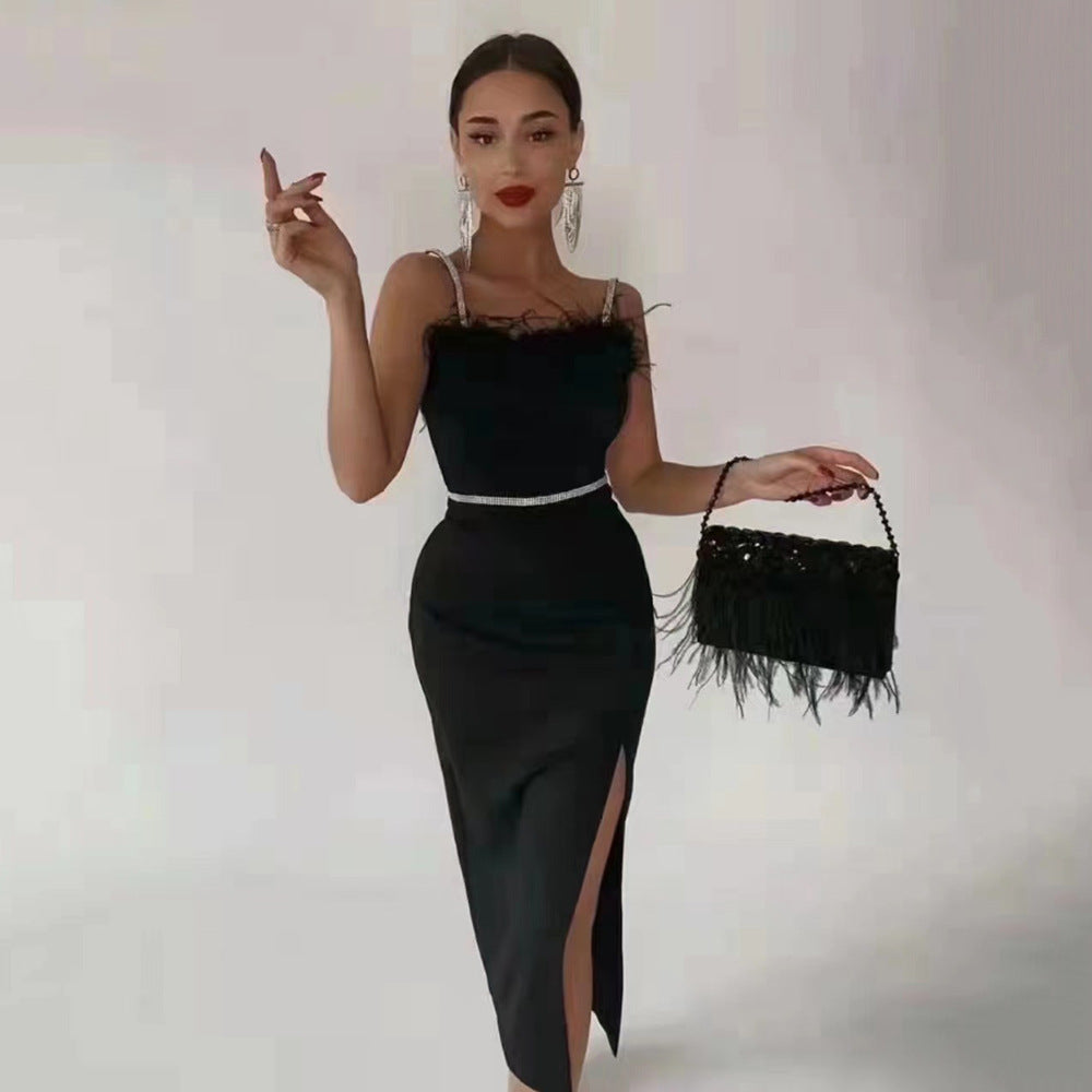 Damen Abendkleid Spitzenbesatz Schlitz Eveloria