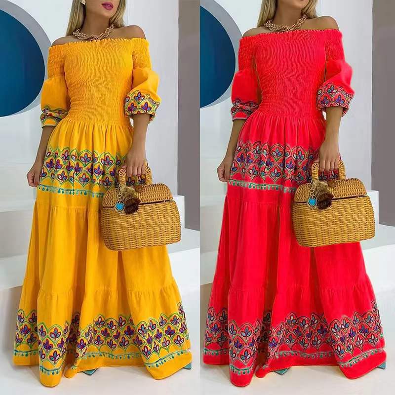 Damen Maxikleid Schulterfrei Stickerei Boho-Stil