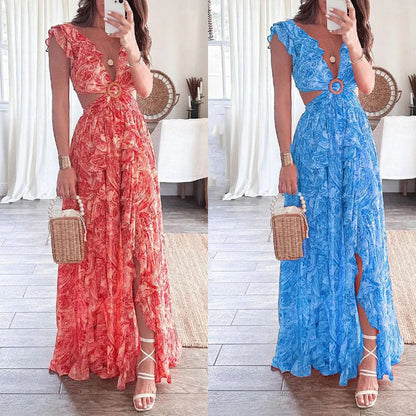 Damen Maxikleid mit hohem Schlitz und Rüschendetails Floral