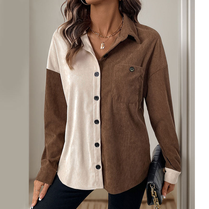 Damen Cordbluse Kontrastdetails Eveloria