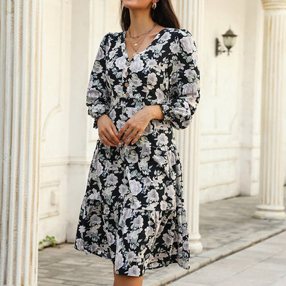 Damen Blumenkleid Rüschendetails Knopfleiste Eveloria - Eveloria