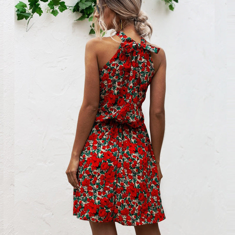 Damen Sommerkleid Blumenmuster Elastisch Hochkragen