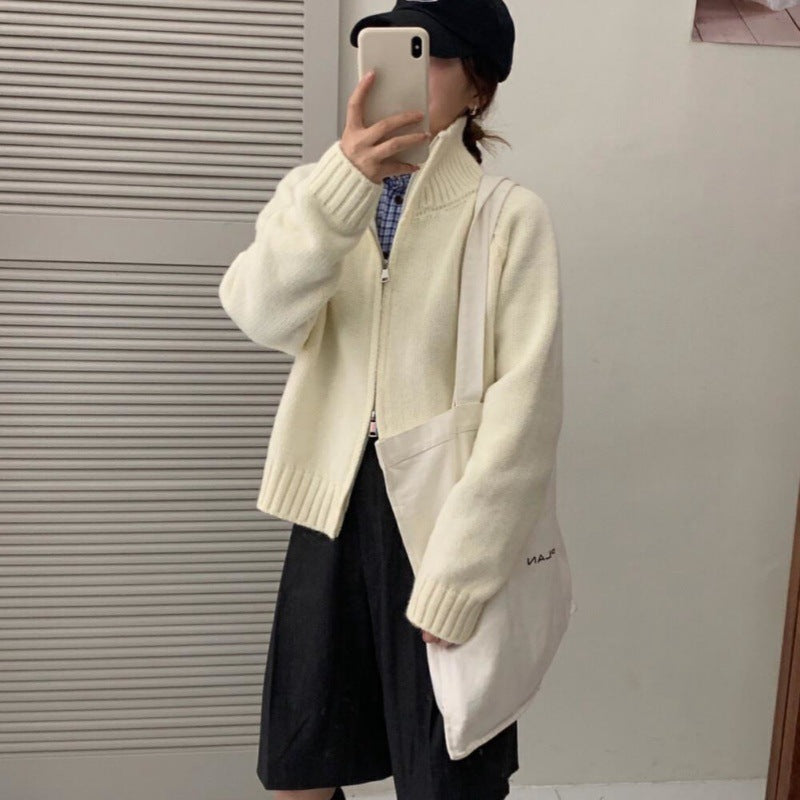 Damen Grobstrickjacke Hochkragen Reißverschluss Eveloria