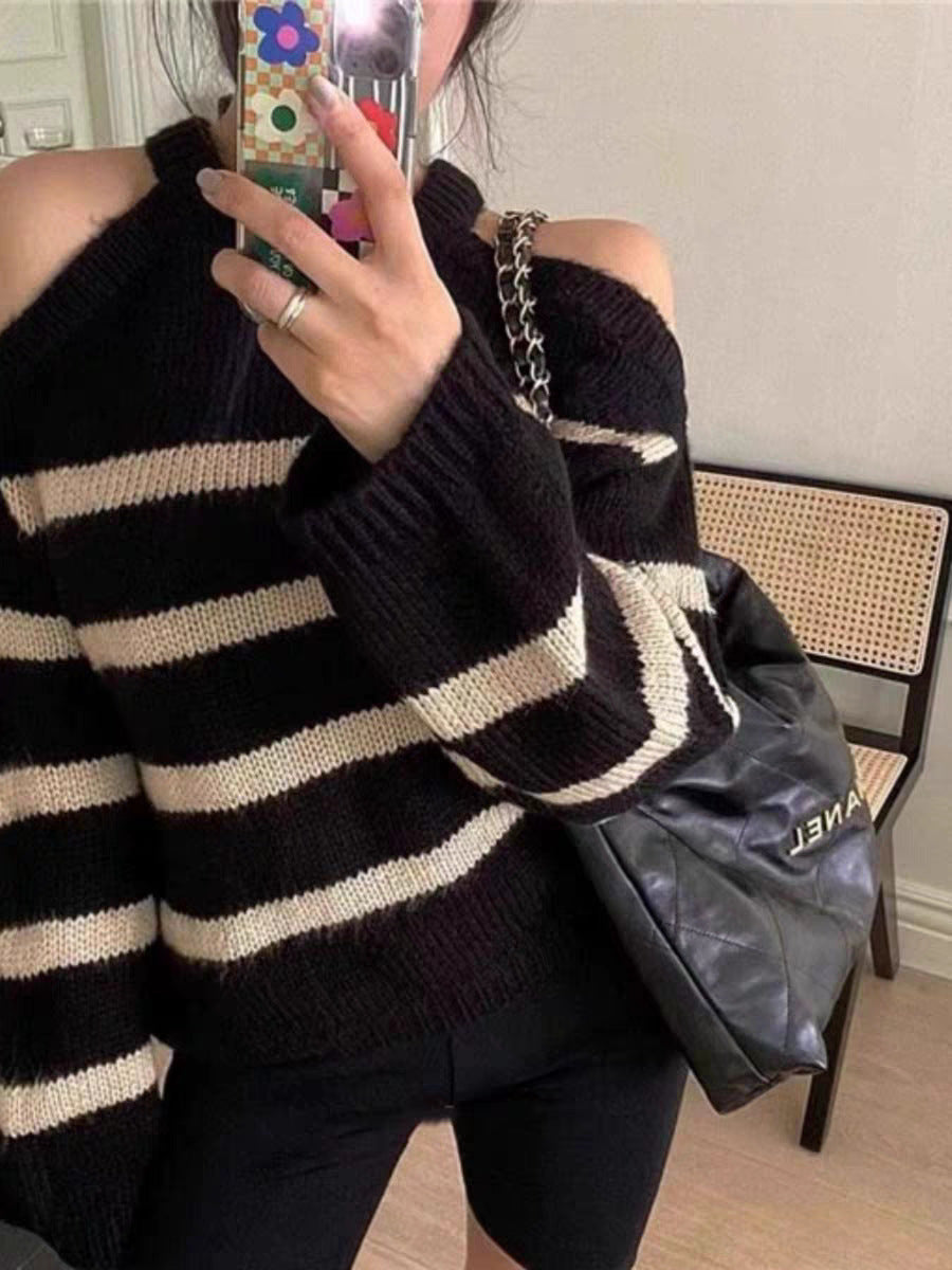 Damen Oversized Pullover Offene Schulter Streifenmuster Eveloria
