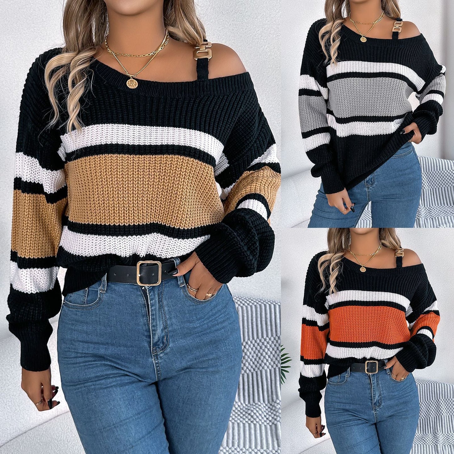 Damen Off-Shoulder Pullover Streifen Modischer Träger - Eveloria