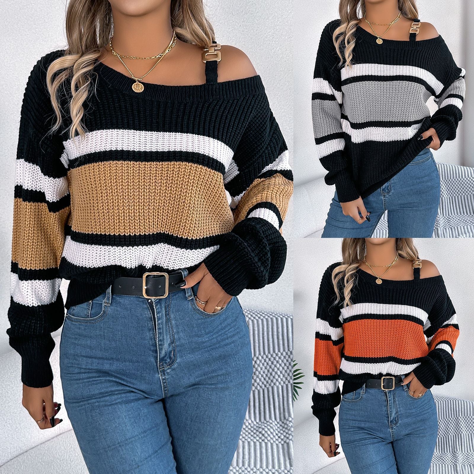 Damen Off-Shoulder Pullover Streifen Modischer Träger - Eveloria