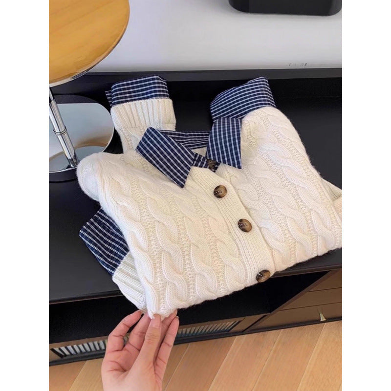 Damen Strickjacke Karostoffkragen Knöpfe Beige - Eveloria