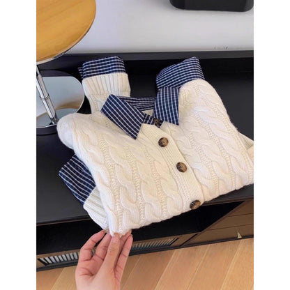 Damen Strickjacke Karostoffkragen Knöpfe Beige - Eveloria