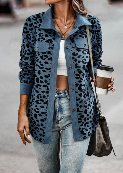 Damen Kordjacke Leo-Print Brusttaschen Eveloria