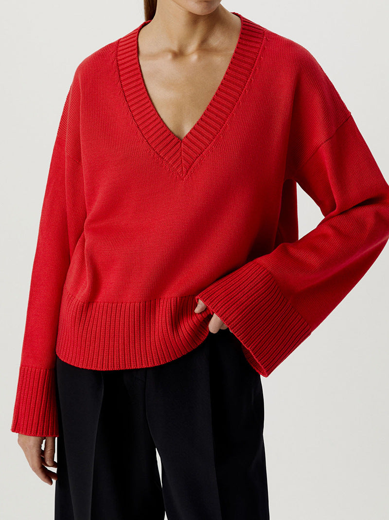 Damen Strickpullover V-Ausschnitt Breite Bündchen Eveloria