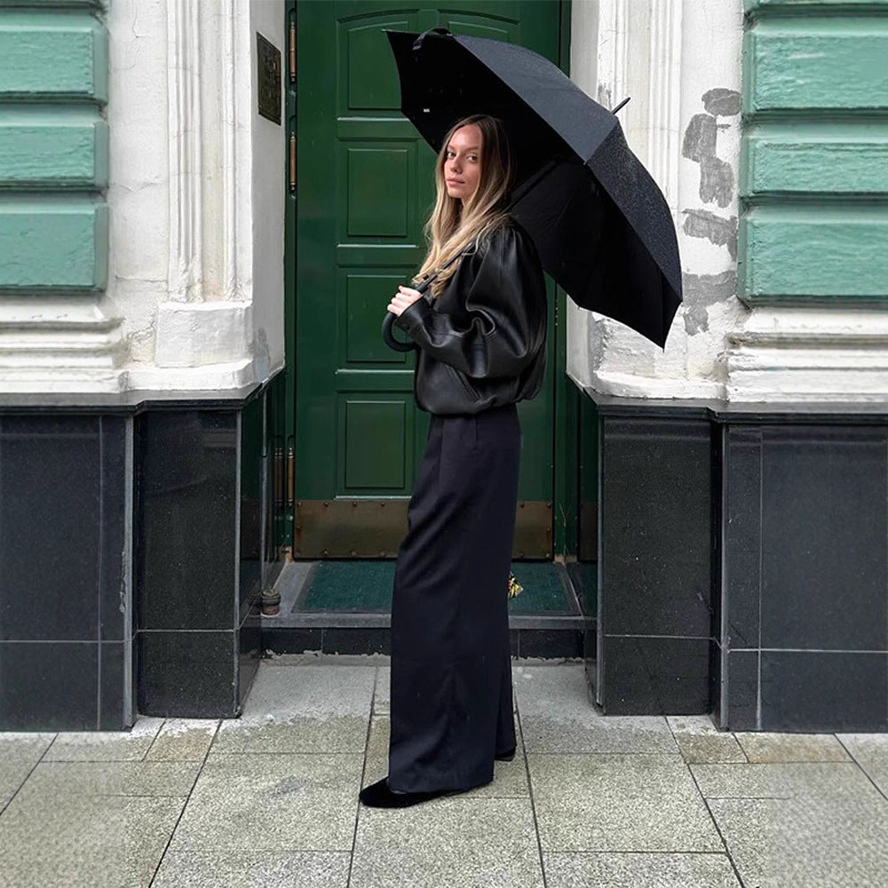 Damen Lederblazerjacke Puffärmel Schwarz Eveloria - Eveloria