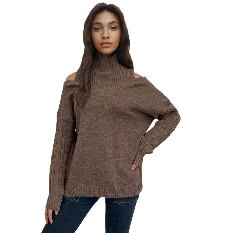 Damen Pullover Schulterfrei Zopfmuster Eveloria