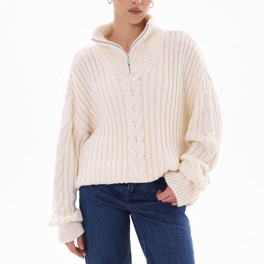 Damen Grobstrickpullover Zip-Kragen Zopf-Design Eveloria - Eveloria