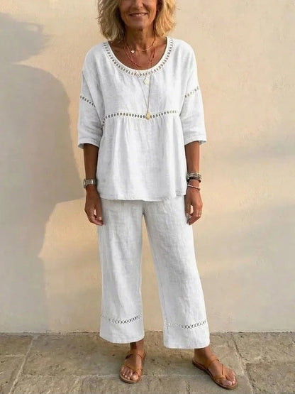 Damen Loungewear-Anzug Leinen Luftig Spitze Beige