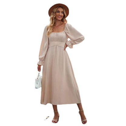 Damen Midi-Kleid Elegante Drapierung Langer Puffärmel