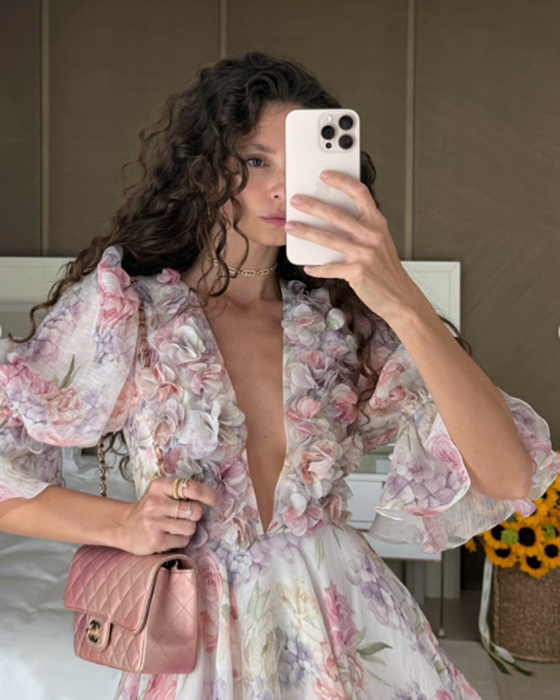Damen Maxikleid Fließend Rüschen Blumenmuster