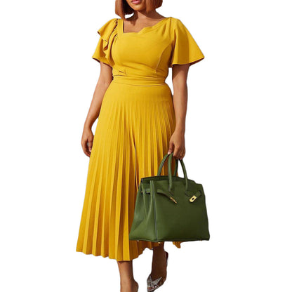 Damen Plisseekleid V-Ausschnitt Rüschen Elegant Eveloria