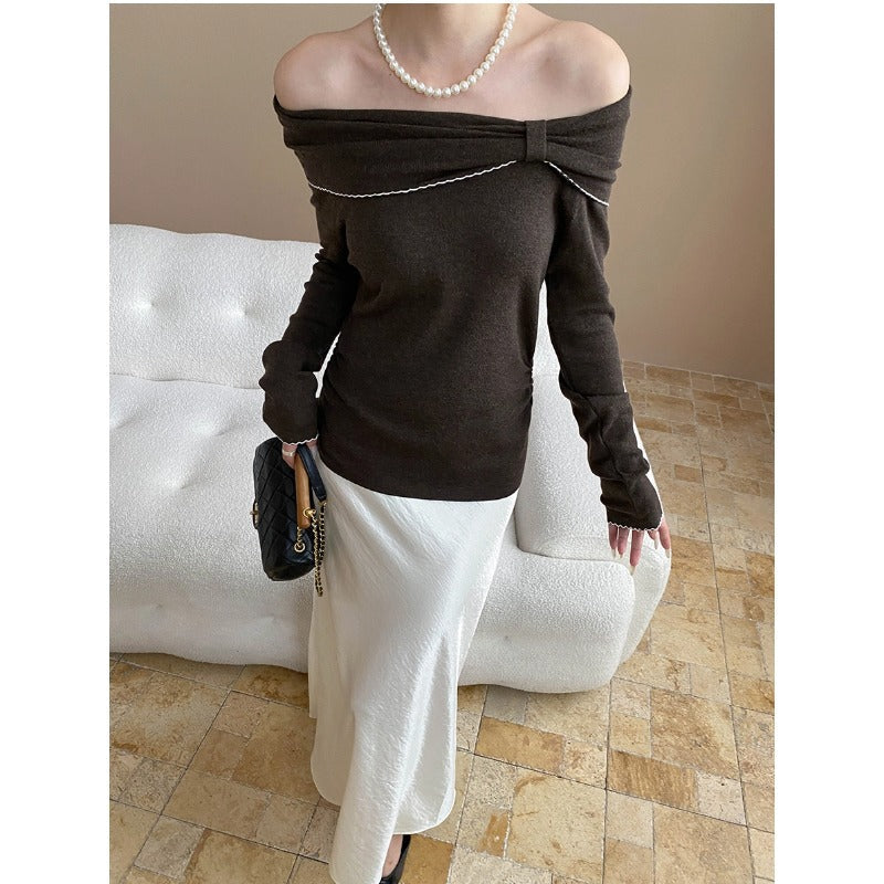 Damen Off-Shoulder Pullover Langärmlig Raffung Eveloria