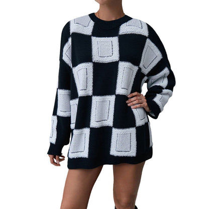 Damen Oversized Pullover Geometrisches Muster Elastisch Grau