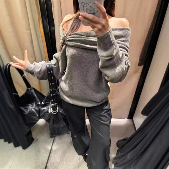 Damen Pullover Asymmetrischer Schalkragen Dekorativer Verschluss