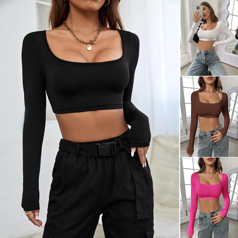 Damen Langarm Crop- Quadrat-Ausschnitt Baumwolle Komfort Schwarz - Eveloria