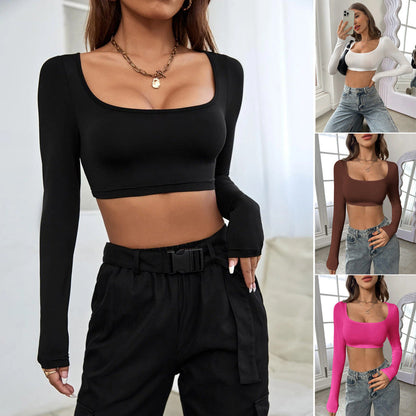 Damen Langarm Crop- Quadrat-Ausschnitt Baumwolle Komfort Schwarz - Eveloria