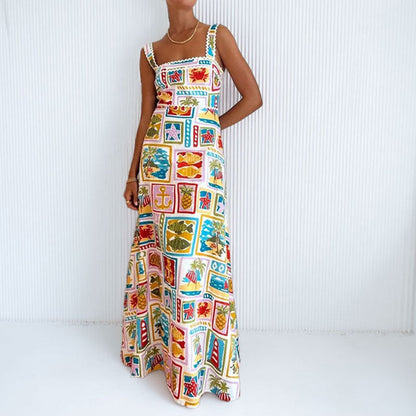 Damen Maxikleid mit buntem Print und schmalen Trägern Eveloria