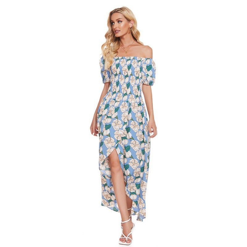 Damen Maxi-Kleid Schulterfrei Floralmuster Rüschen Dunkelblau