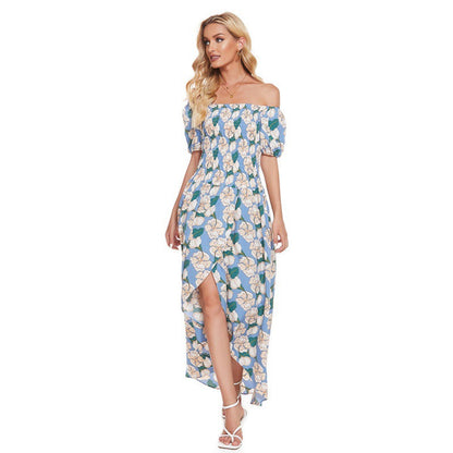 Damen Maxi-Kleid Schulterfrei Floralmuster Rüschen Dunkelblau
