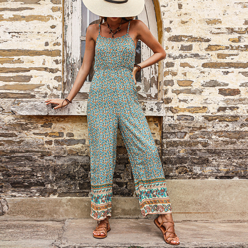 Damen Jumpsuit Blumenmuster Breite Beine Verstellbare Träger Eveloria