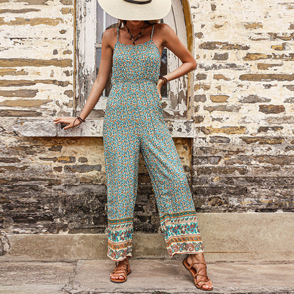 Damen Jumpsuit Blumenmuster Breite Beine Verstellbare Träger Eveloria