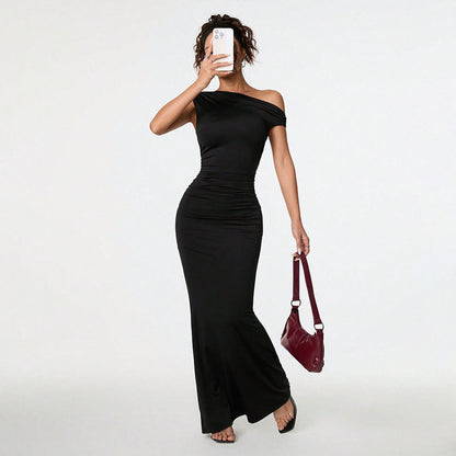 Damen Wickelkleid Schulterfrei Rüschen Elegant