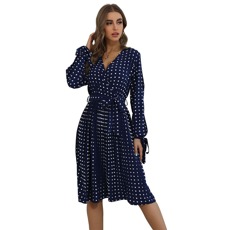 Damen Wickelkleid mit Punkten Taille Gürtel Eveloria