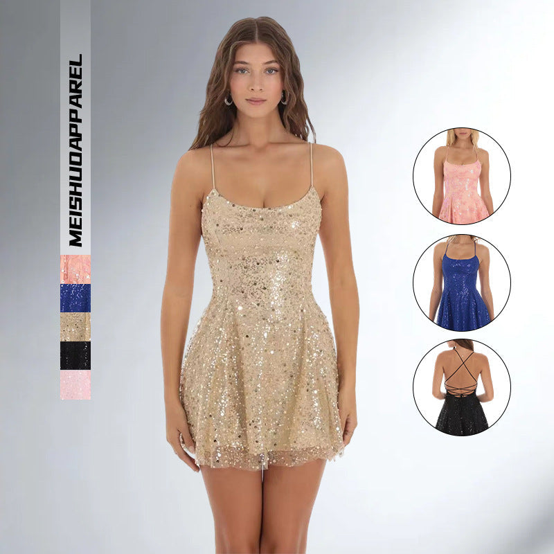 Damen Kleid mit Pailletten und verstellbaren Trägern Schwarz - Eveloria